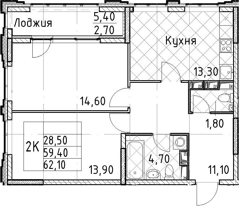 2-комнатная квартира 62.1 м², 12/13 эт., ЖК «Тайм Сквер»